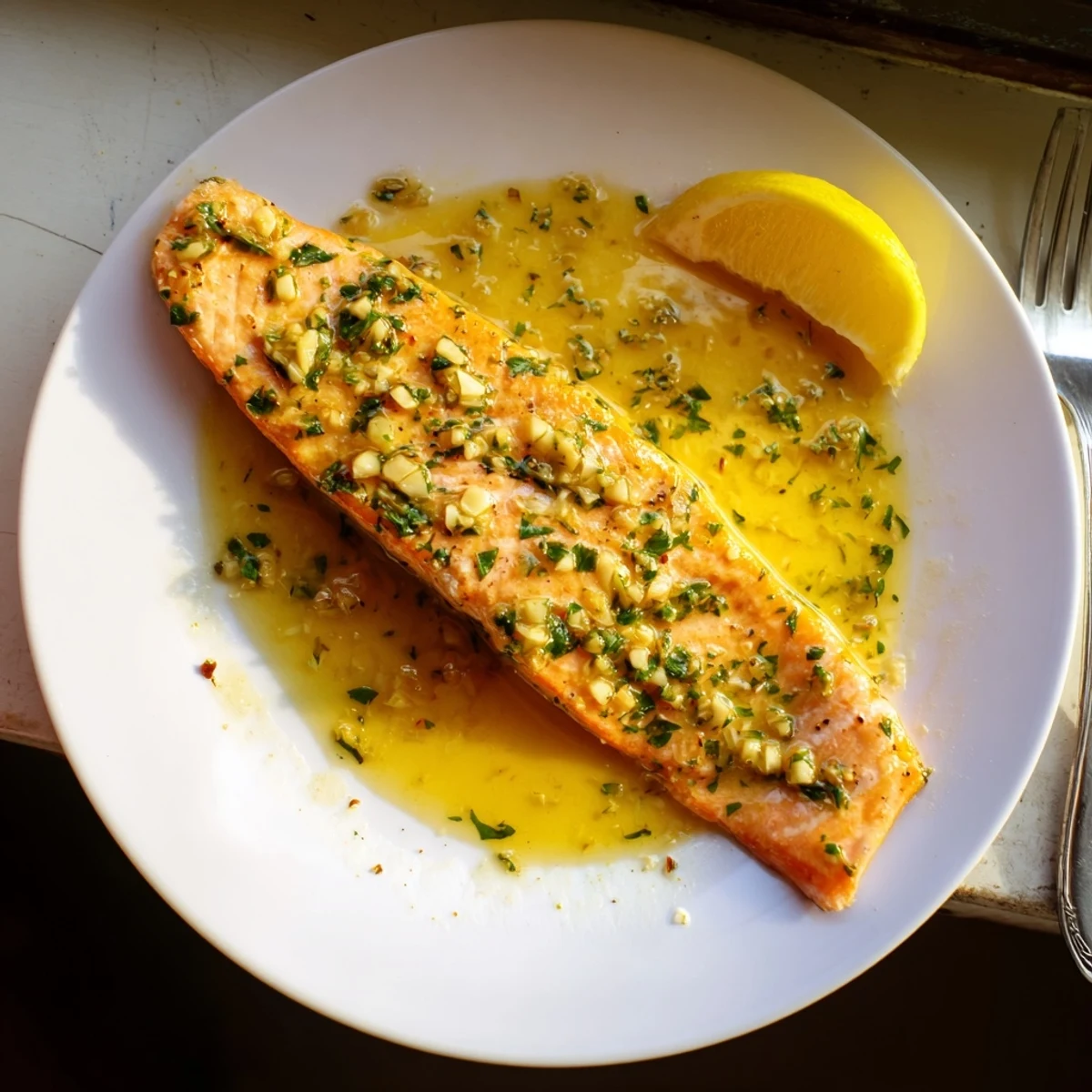 Golden garlic butter salmon fillets glistening with lemon herb sauce on a white plate
