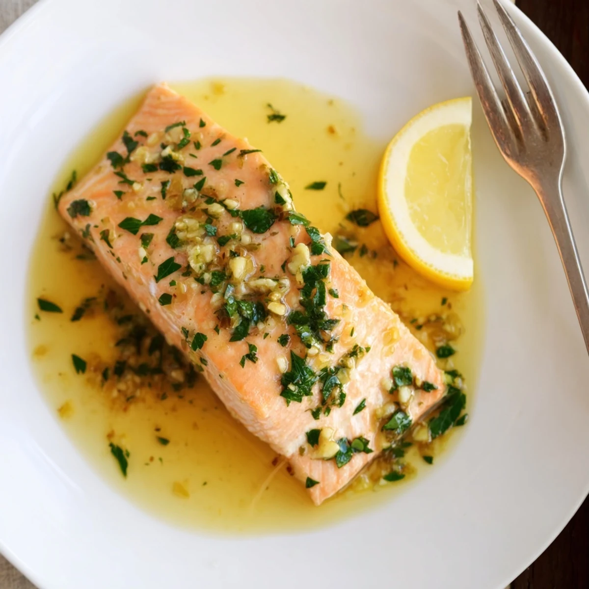 Pan-seared garlic butter salmon topped with fresh parsley and served with lemon wedges