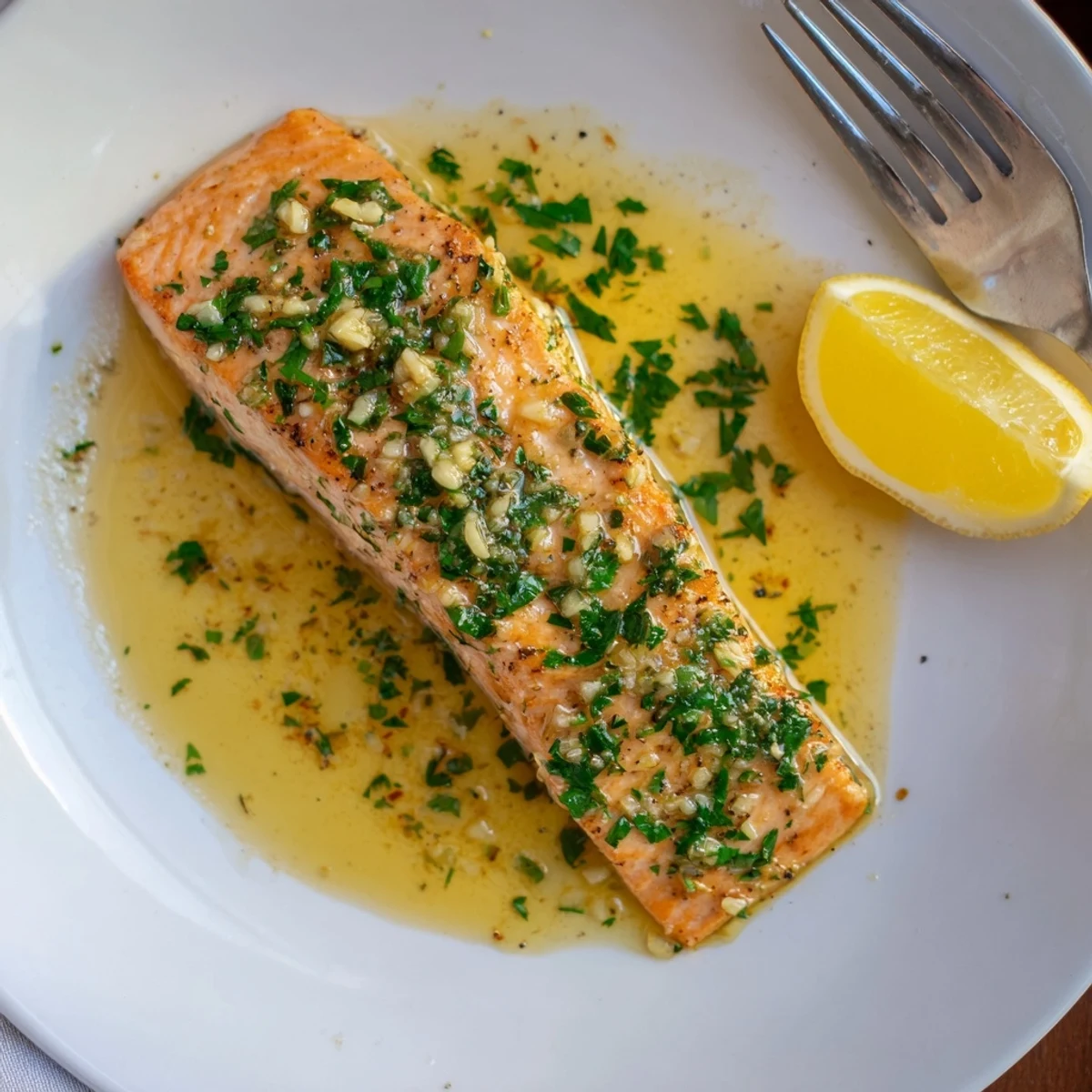 Crispy-skinned garlic butter salmon drizzled with rich, aromatic lemon butter sauce on a platter
