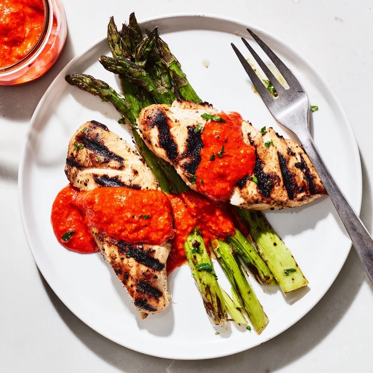 Juicy grilled asparagus chicken drizzled with spicy Calabrian chili sauce on a rustic plate