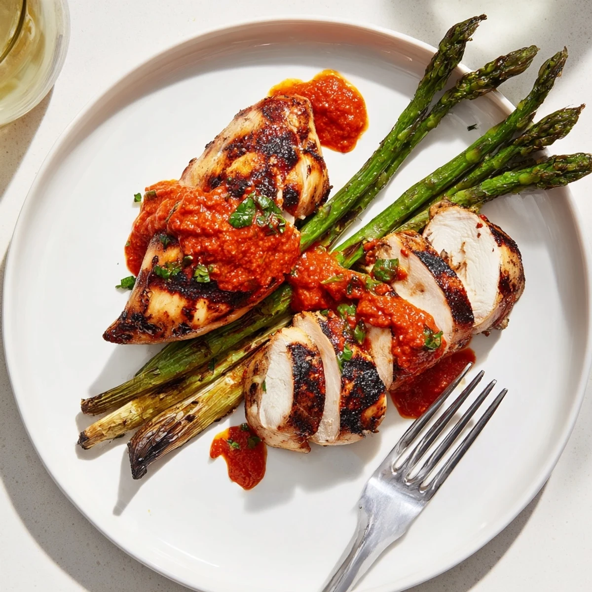 Tender grilled asparagus chicken topped with herby Calabrian chili sauce ready for serving