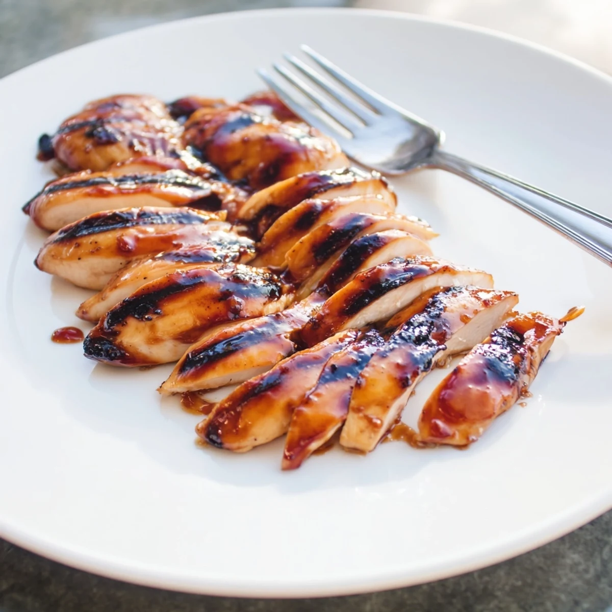 Tender Coca Cola glazed chicken breast sliced open revealing moist meat drizzled with sticky glaze