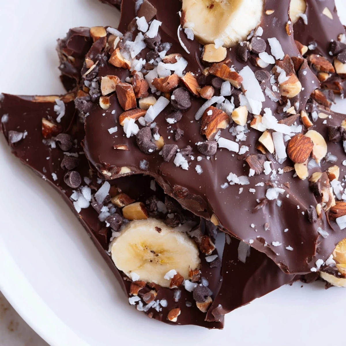 Cracked pieces of chocolate banana bark garnished with shredded coconut and chopped almonds