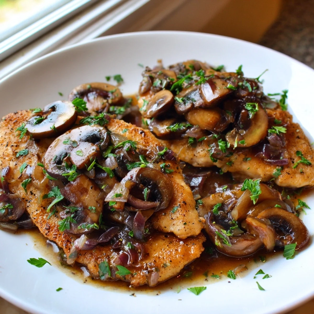 Golden pan-seared chicken breasts topped with mushrooms in a glossy dairy-free chicken marsala sauce