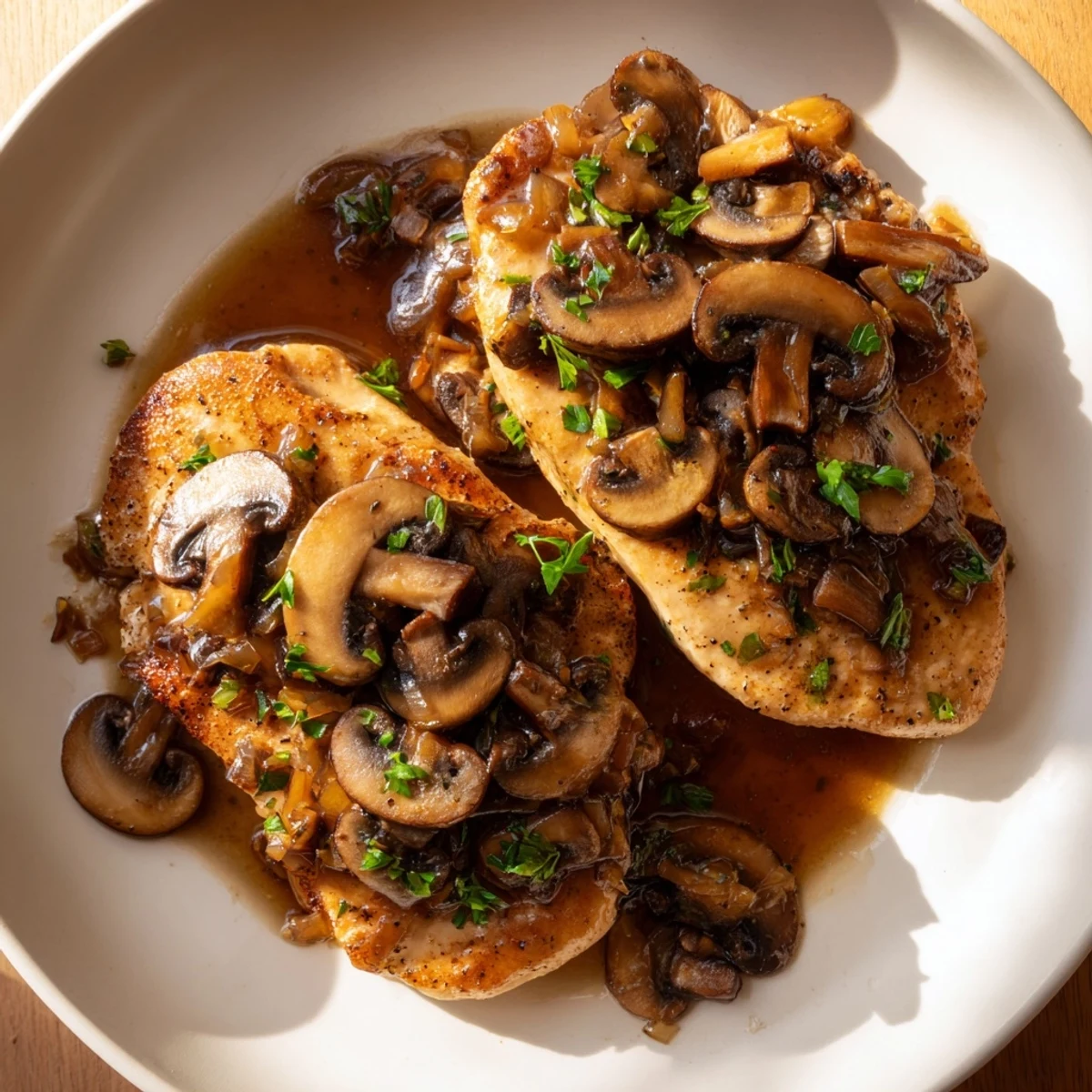 Creamy dairy-free chicken marsala with caramelized cremini mushrooms and fresh parsley on a rustic plate