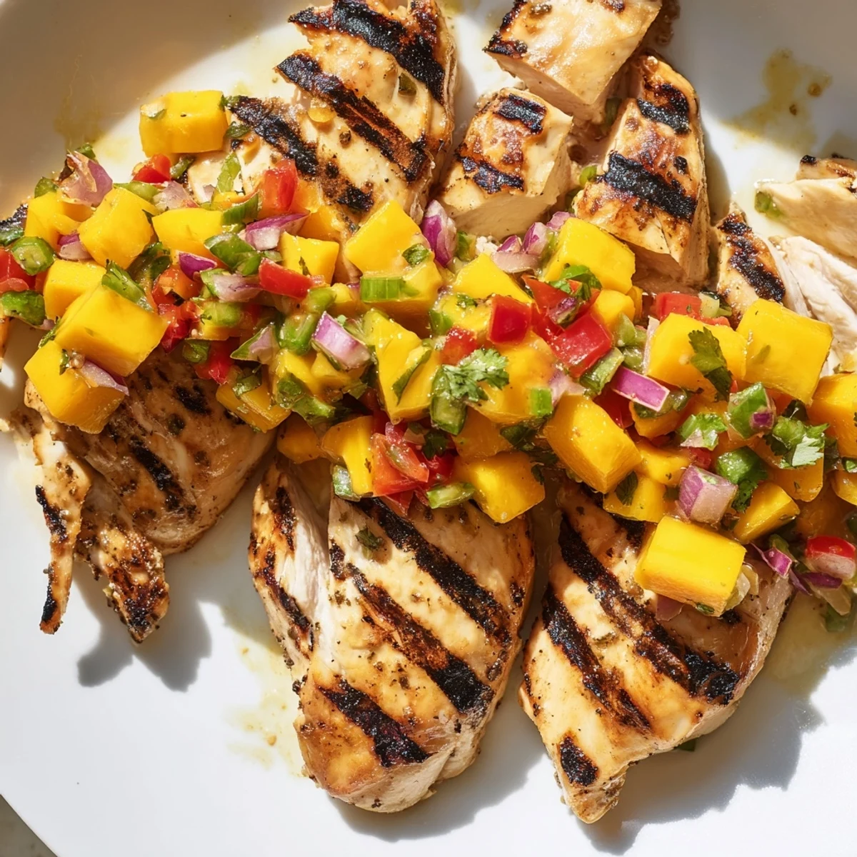 Juicy honey lime chicken topped with vibrant mango salsa and cilantro