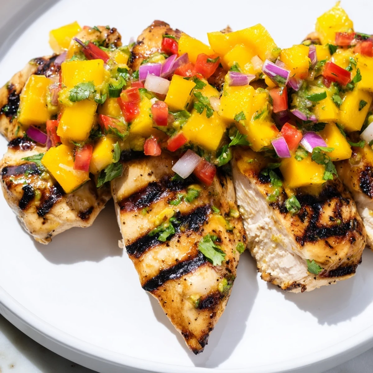 Grilled honey lime chicken with mango salsa plated on a white dish