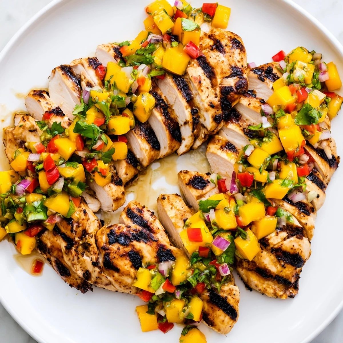 Charred honey lime chicken sliced alongside colorful fresh mango salsa
