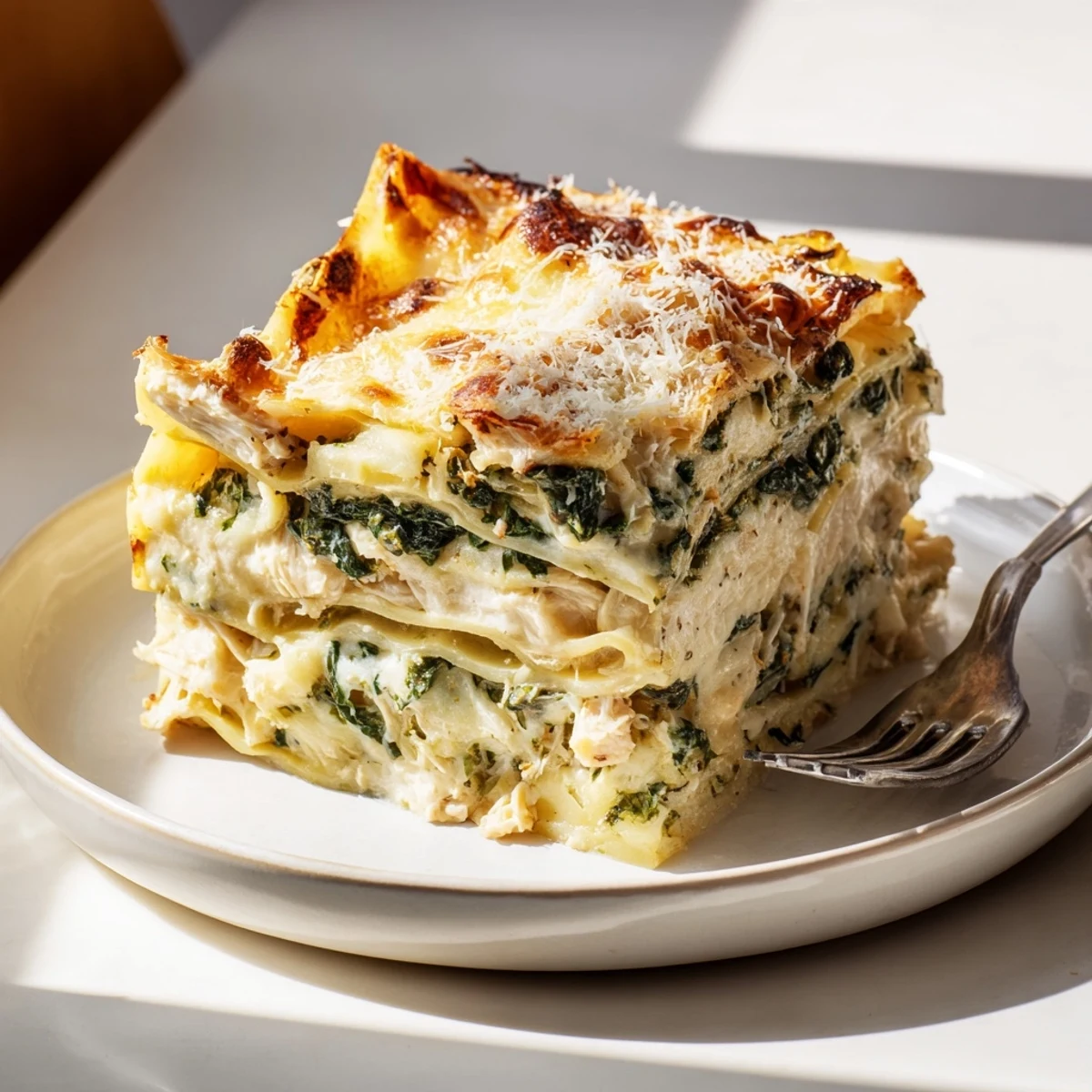 Creamy white chicken lasagna with golden bubbling cheese and tender spinach layers
