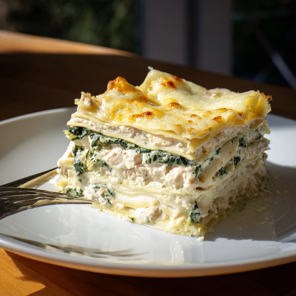 White chicken lasagna freshly baked in a rustic ceramic baking dish