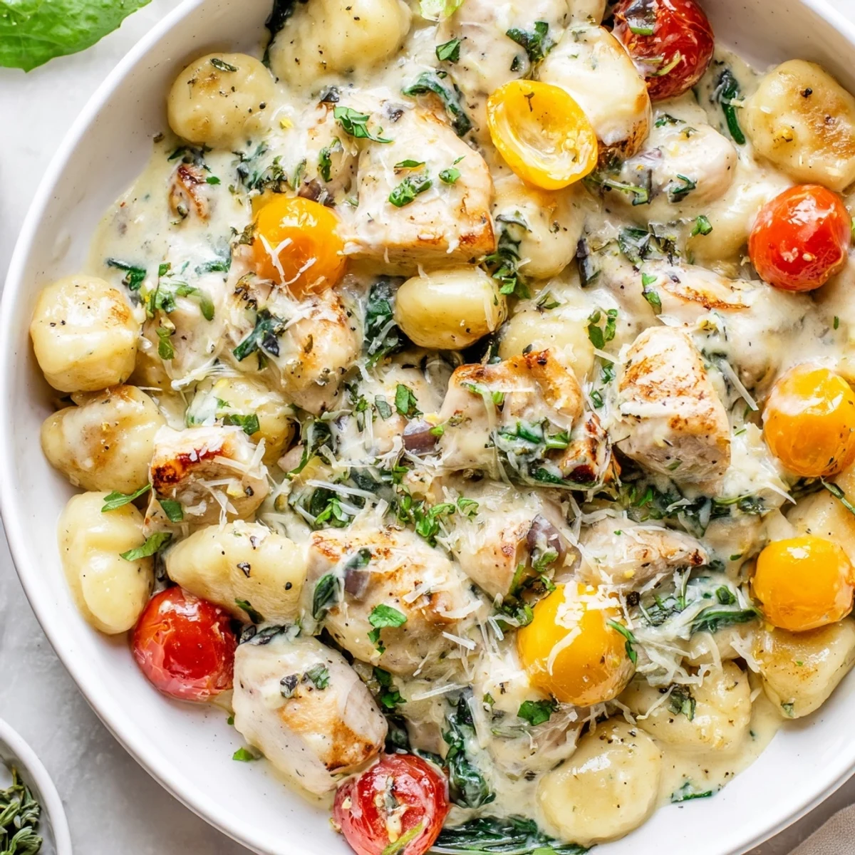 Creamy herb chicken gnocchi skillet bubbling in a rustic cast iron pan