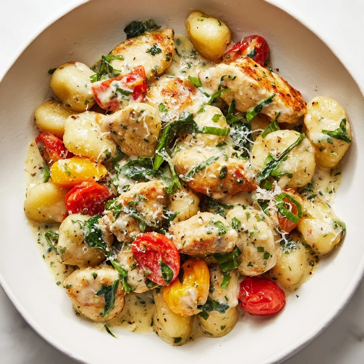 Golden chicken and pillowy gnocchi coated in a creamy herb sauce