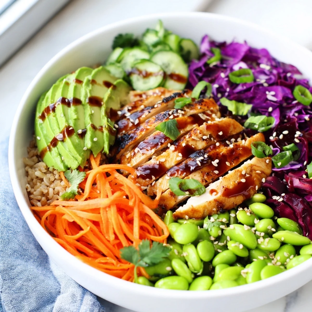 Colorful Asian Inspired Chicken Power Bowl with crisp vegetables and sesame ginger dressing
