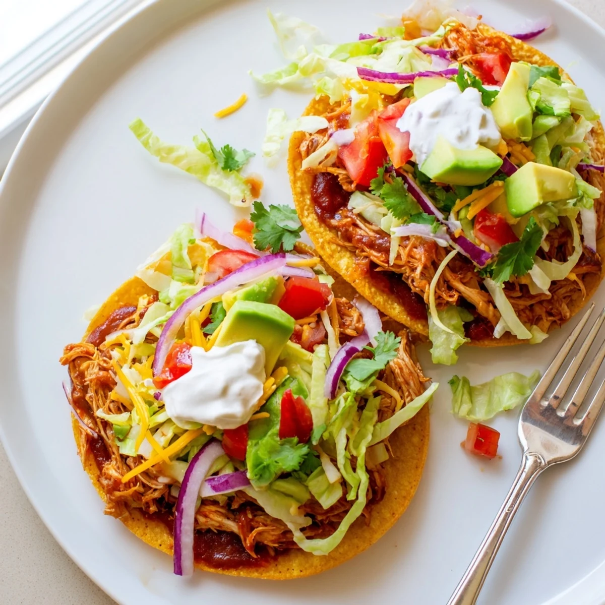 Crispy sweet smoky BBQ chicken tostadas piled high with fresh lettuce, tomato, and creamy avocado slices