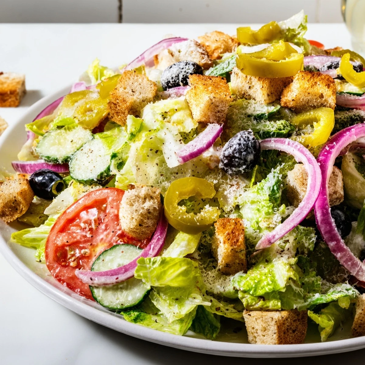 Fresh romaine Olive Garden salad topped with black olives, pepperoncini, and grated Parmesan cheese.