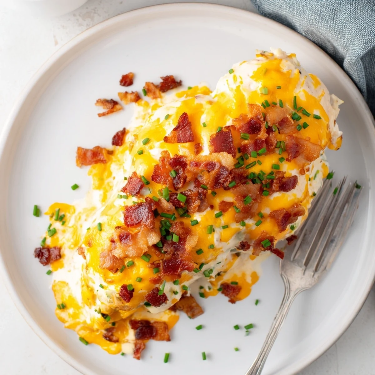 Golden bubbly baked crack chicken with crispy bacon and melted cheddar cheese