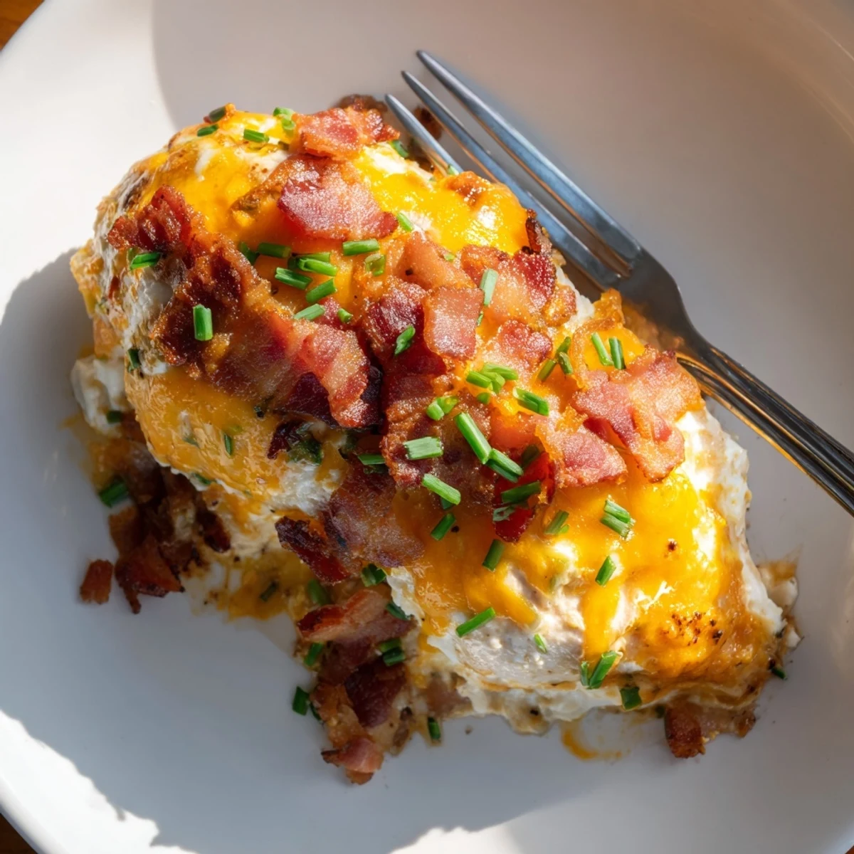 Baked crack chicken garnished with fresh chives served on a white plate