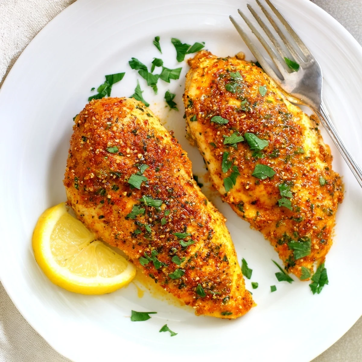 Golden oven baked chicken breasts with herb seasoning on a rustic baking sheet