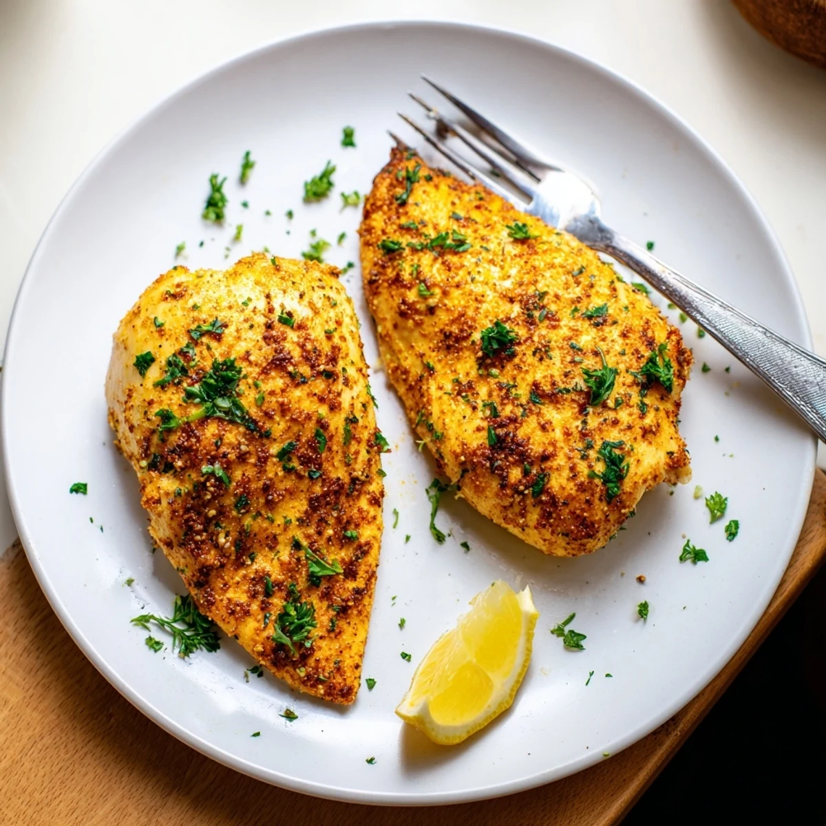 Juicy sliced oven baked chicken breasts garnished with parsley and lemon wedges