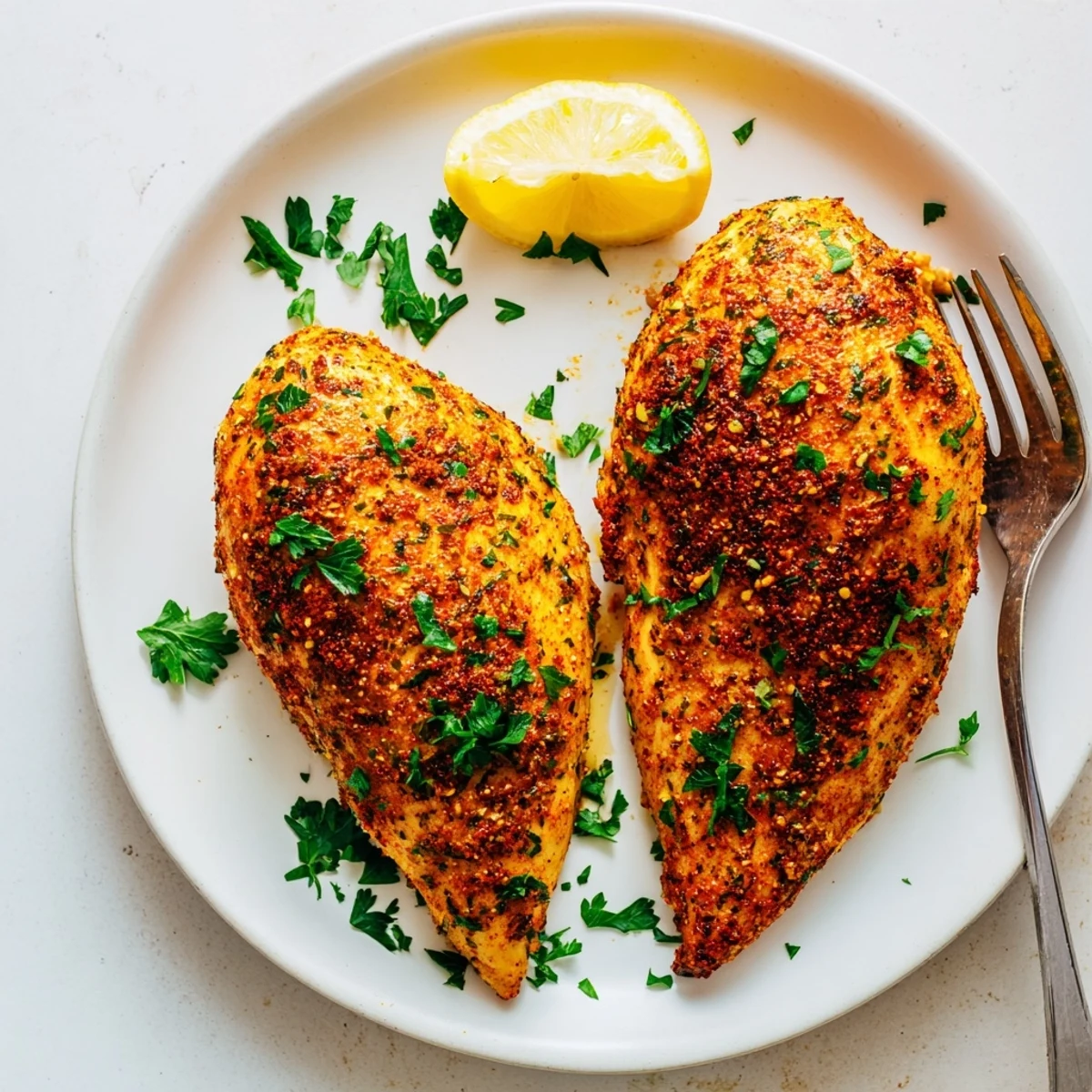 Tender oven baked chicken breasts with crispy paprika crust served over fresh salad
