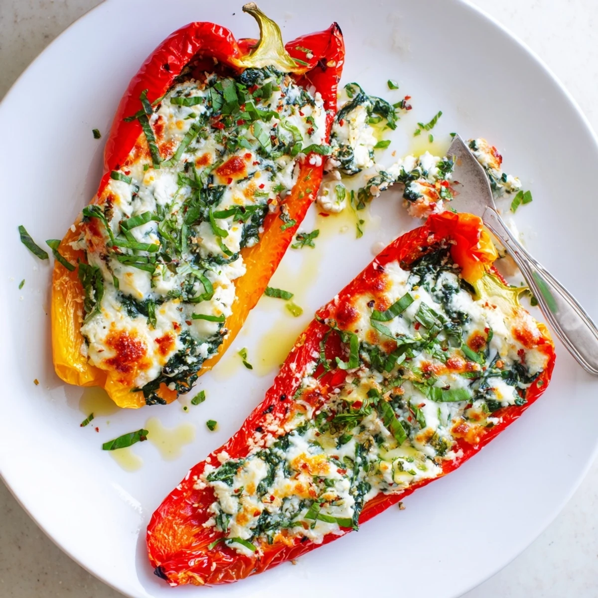 Golden baked ricotta stuffed peppers with bubbly mozzarella on a rustic dish