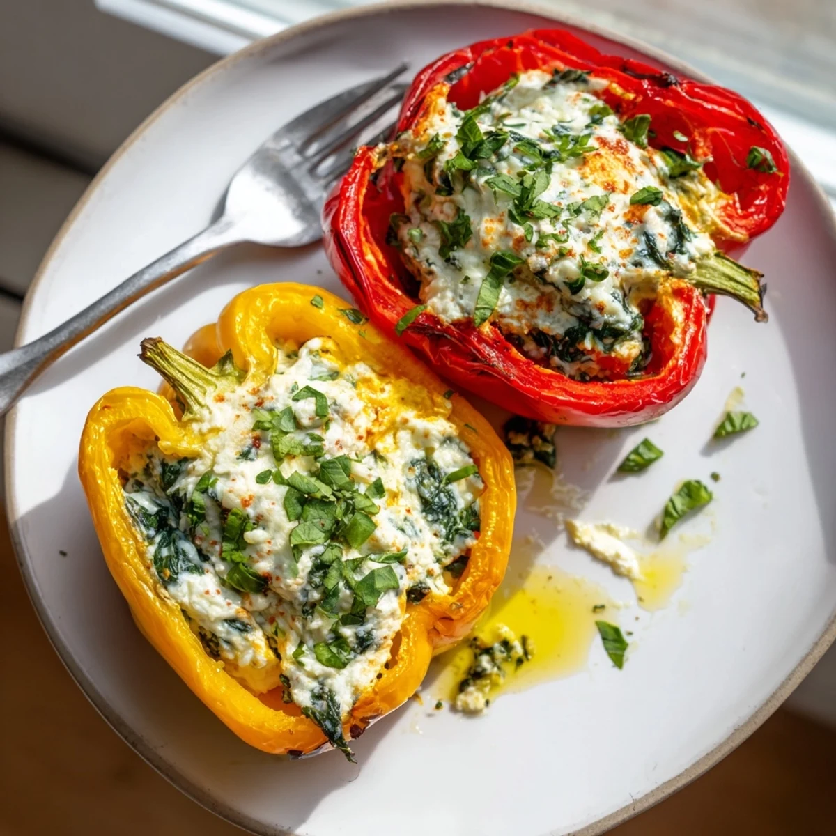 Creamy herb-filled ricotta stuffed peppers roasted until tender and golden brown