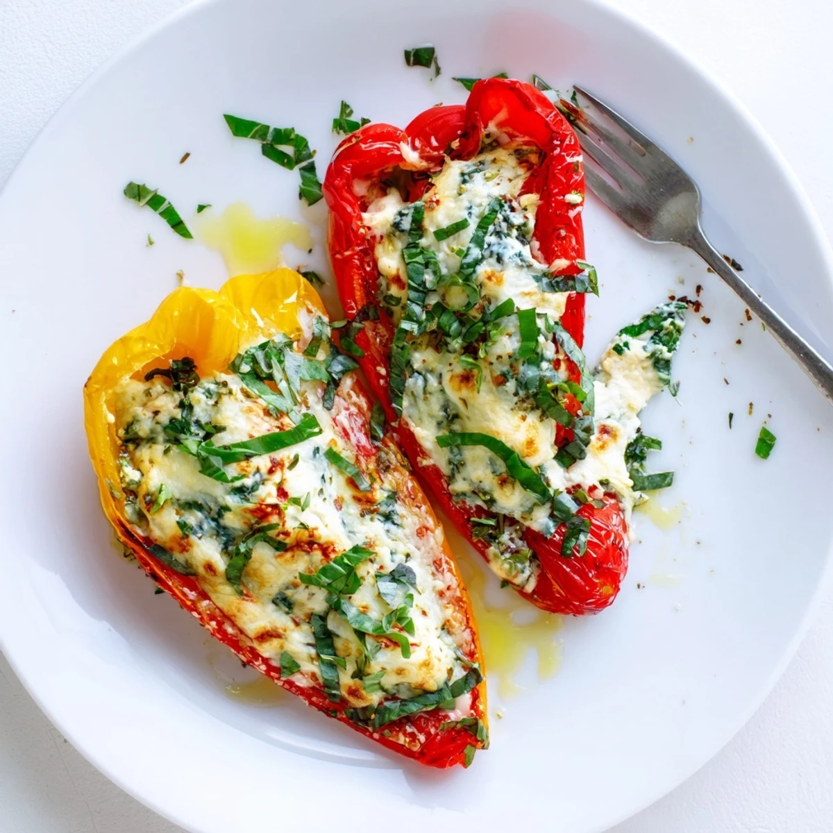 Vibrant bell peppers loaded with spinach ricotta filling and melted cheese topping