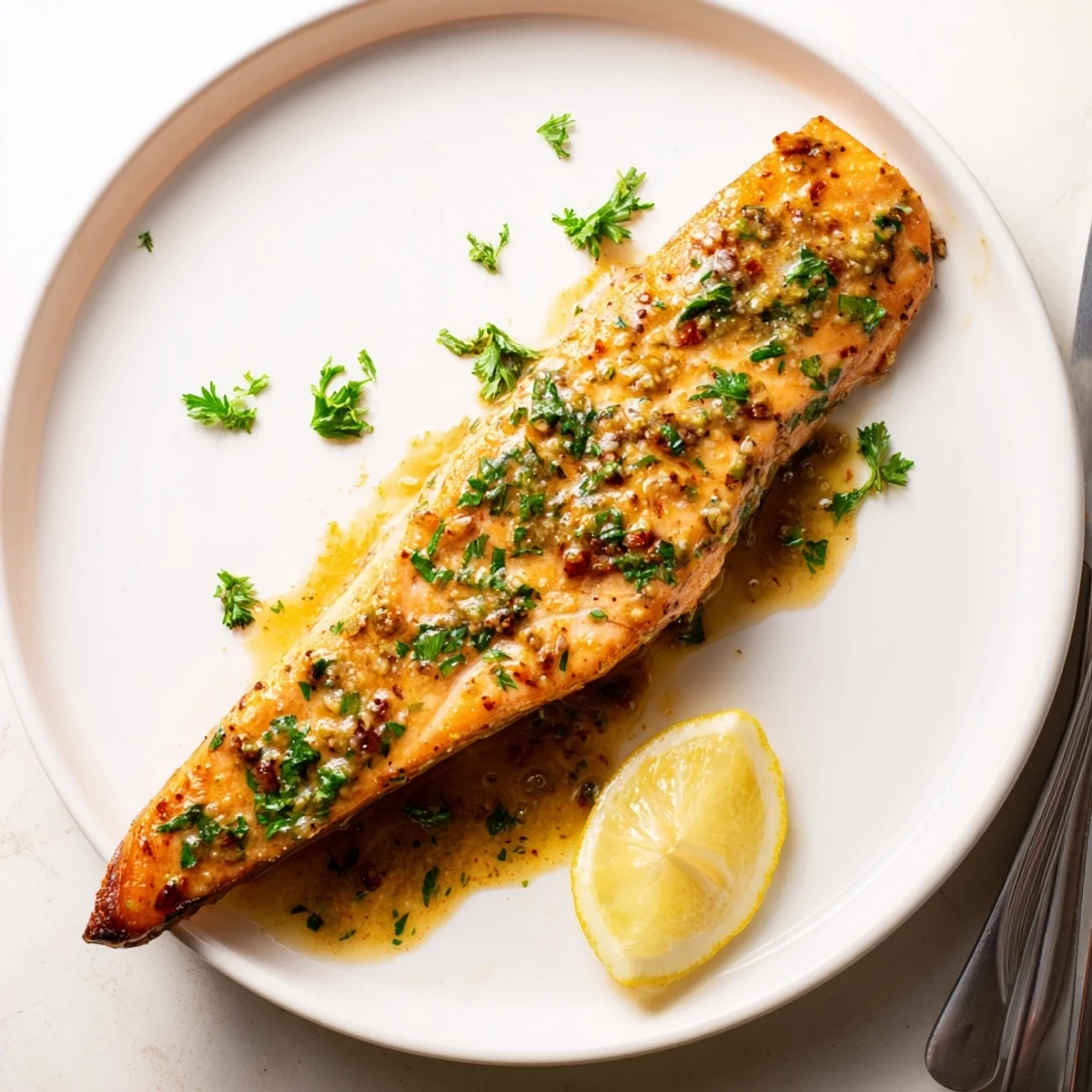 Golden baked honey mustard salmon fillets glistening with a glossy caramelized glaze on a parchment-lined baking sheet