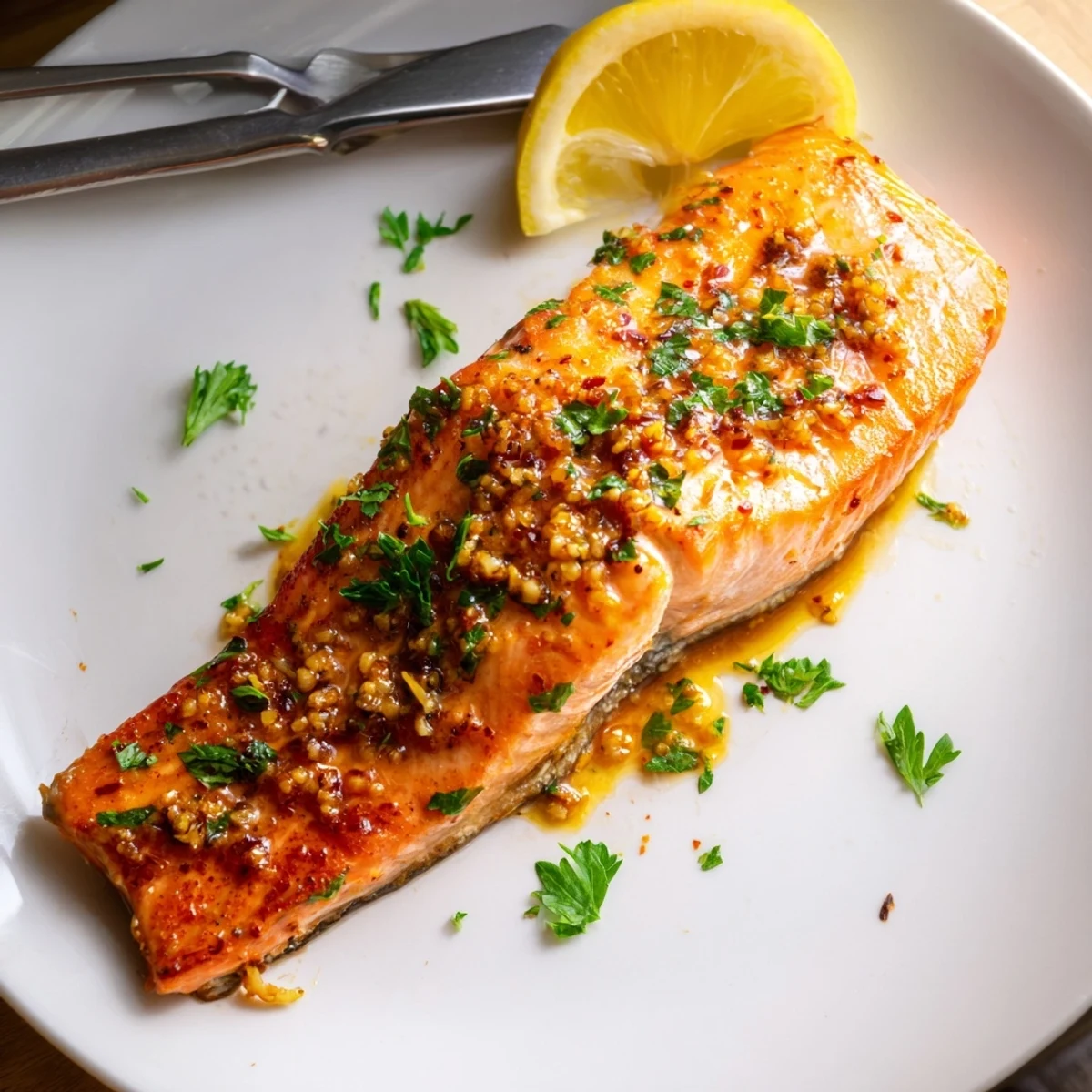 Juicy baked honey mustard salmon topped with fresh parsley and bright lemon wedges ready for serving