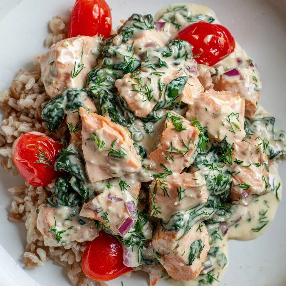 Creamy leftover salmon recipe served in a golden skillet with vibrant spinach and tomatoes