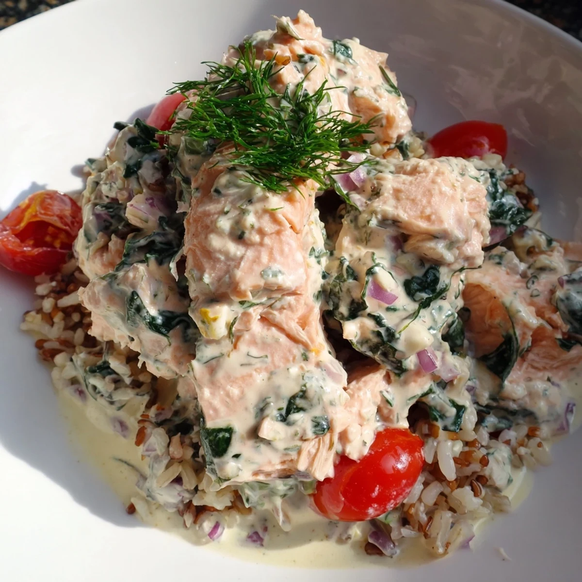 Healthy creamy leftover salmon recipe topped with fresh dill and lemon zest garnish