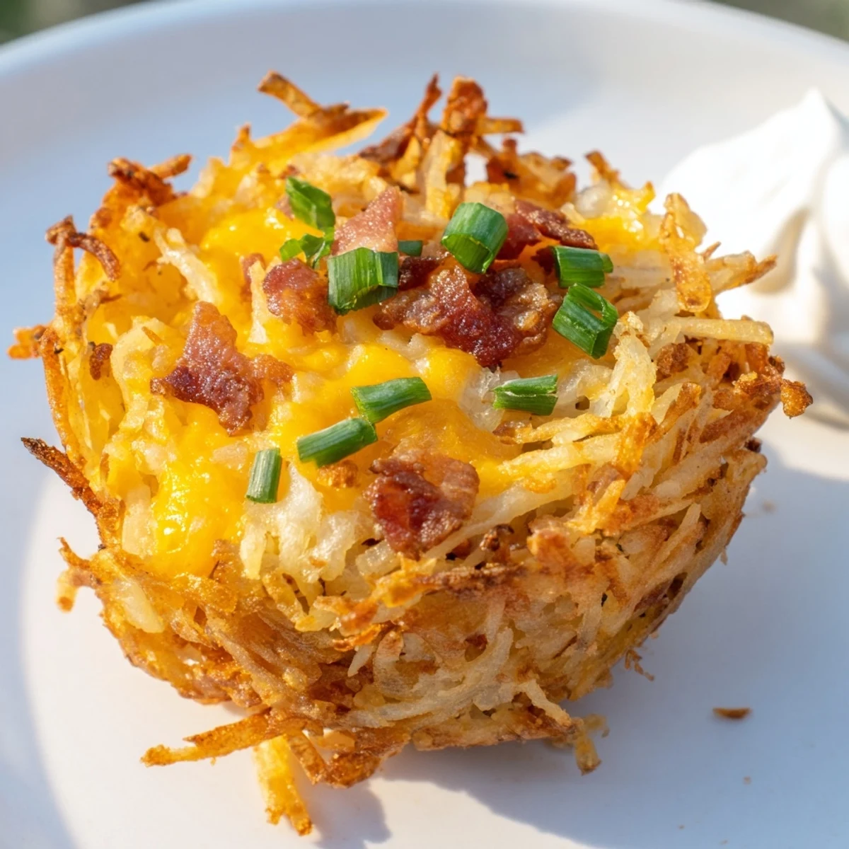 Golden cheesy loaded hashbrown bites with melted cheddar and bacon on a rustic plate