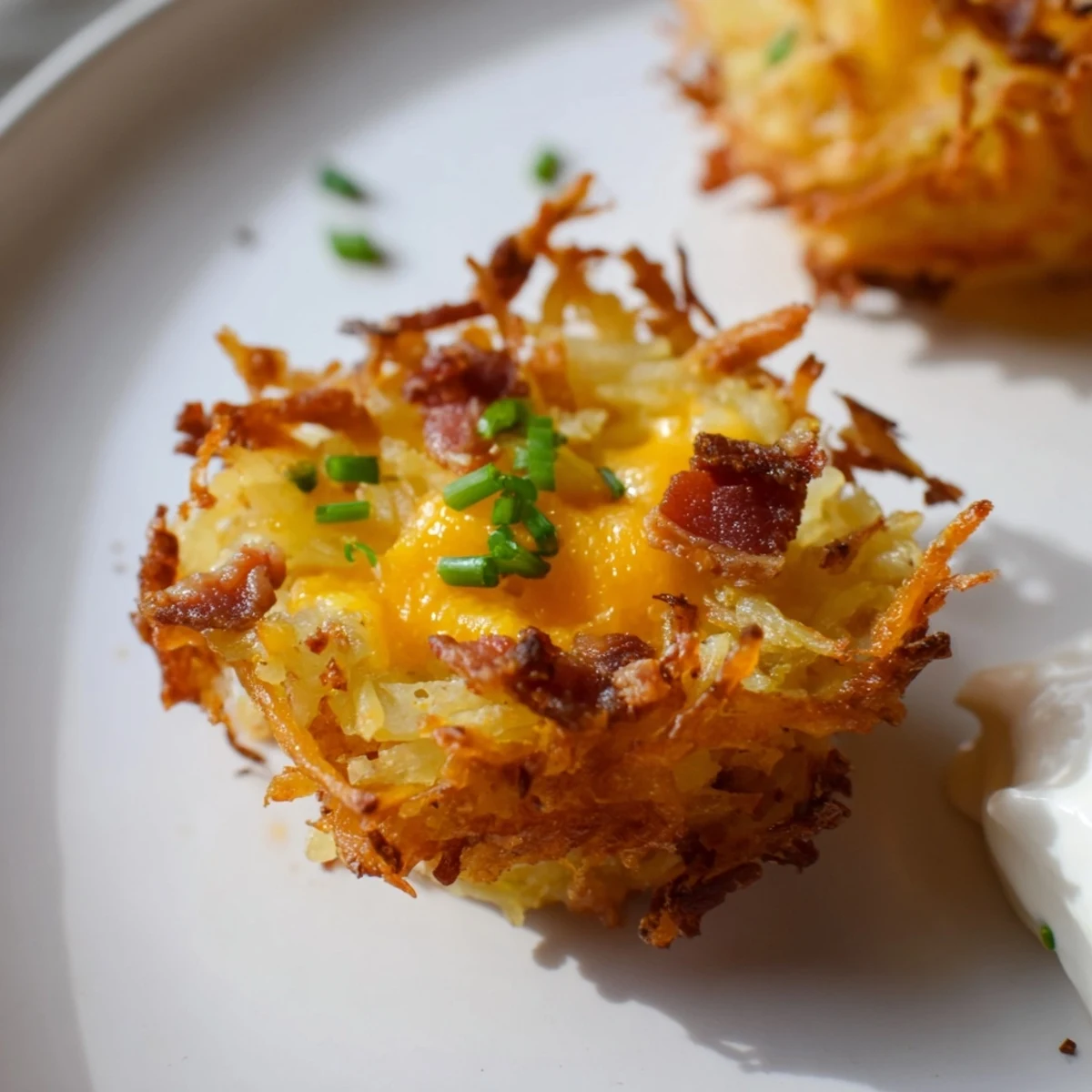 Crispy cheesy loaded hashbrown bites topped with green onions and a sour cream dollop