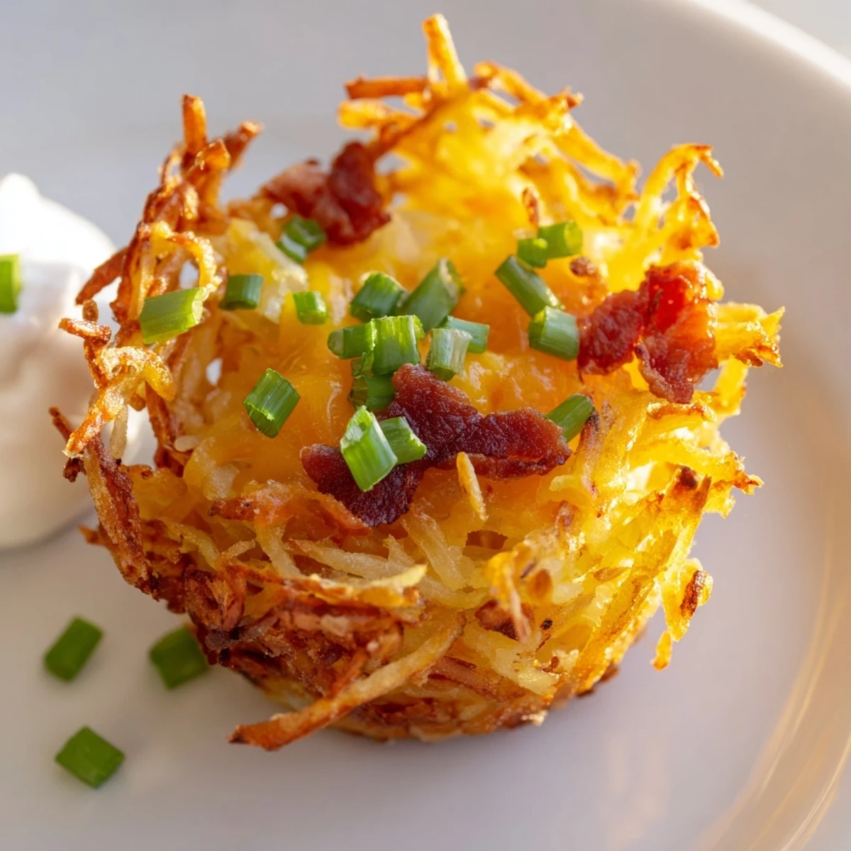 Close-up of cheesy loaded hashbrown bites bubbling with melted cheese fresh from the oven