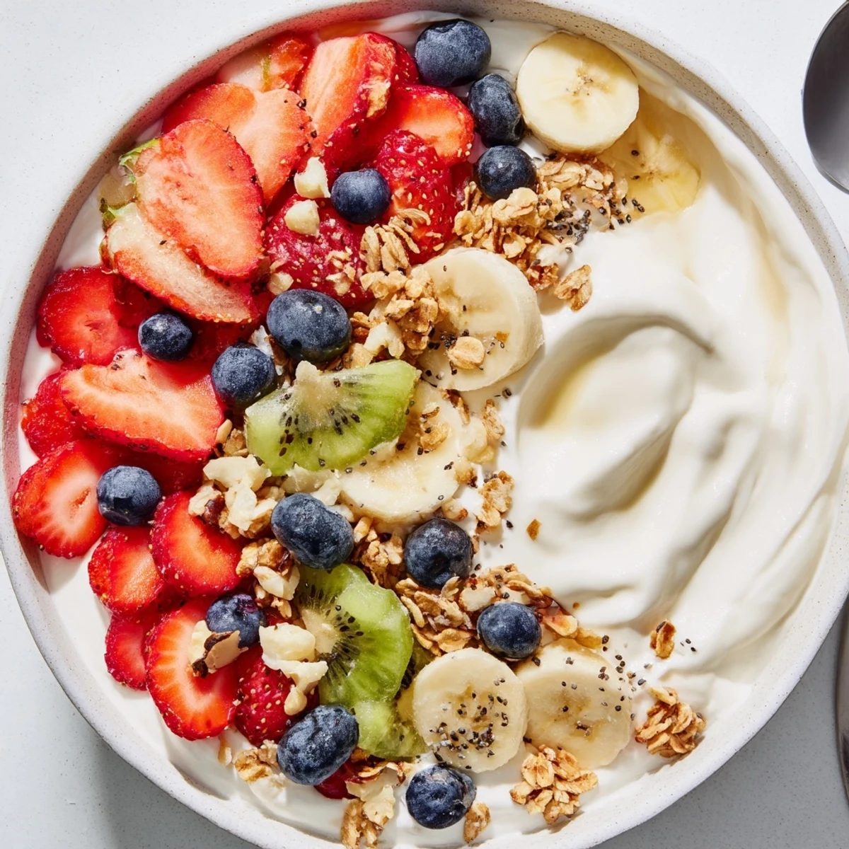 Vibrant yogurt fruit bowl drizzled with honey and loaded with seasonal berries
