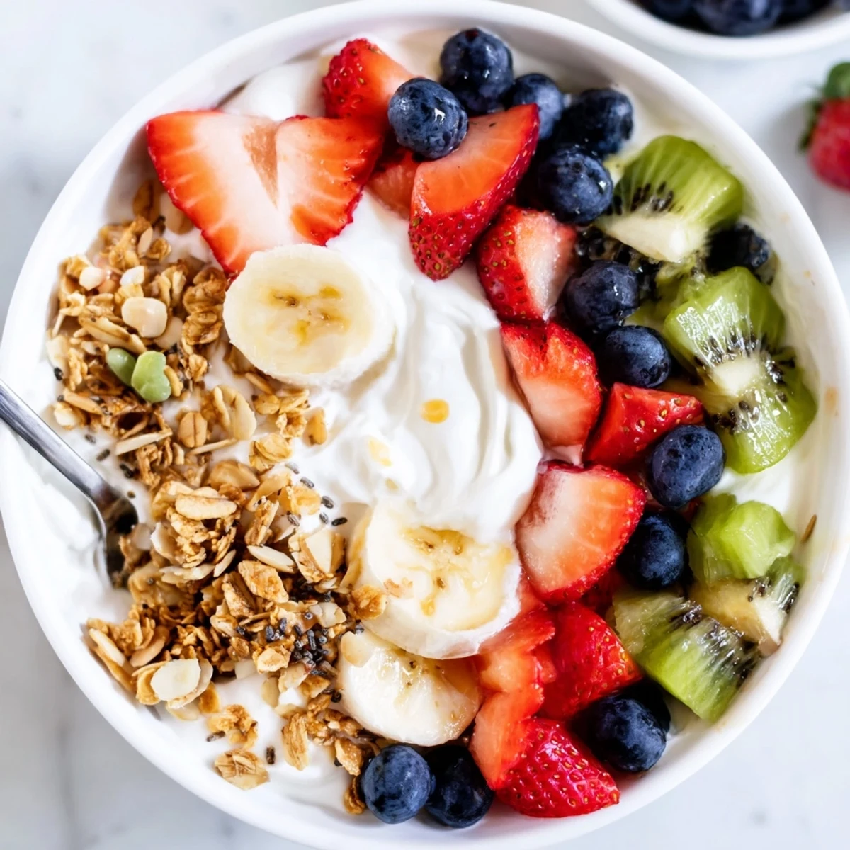 Colorful yogurt fruit bowl arranged with sliced kiwi, strawberries, and toasted almonds