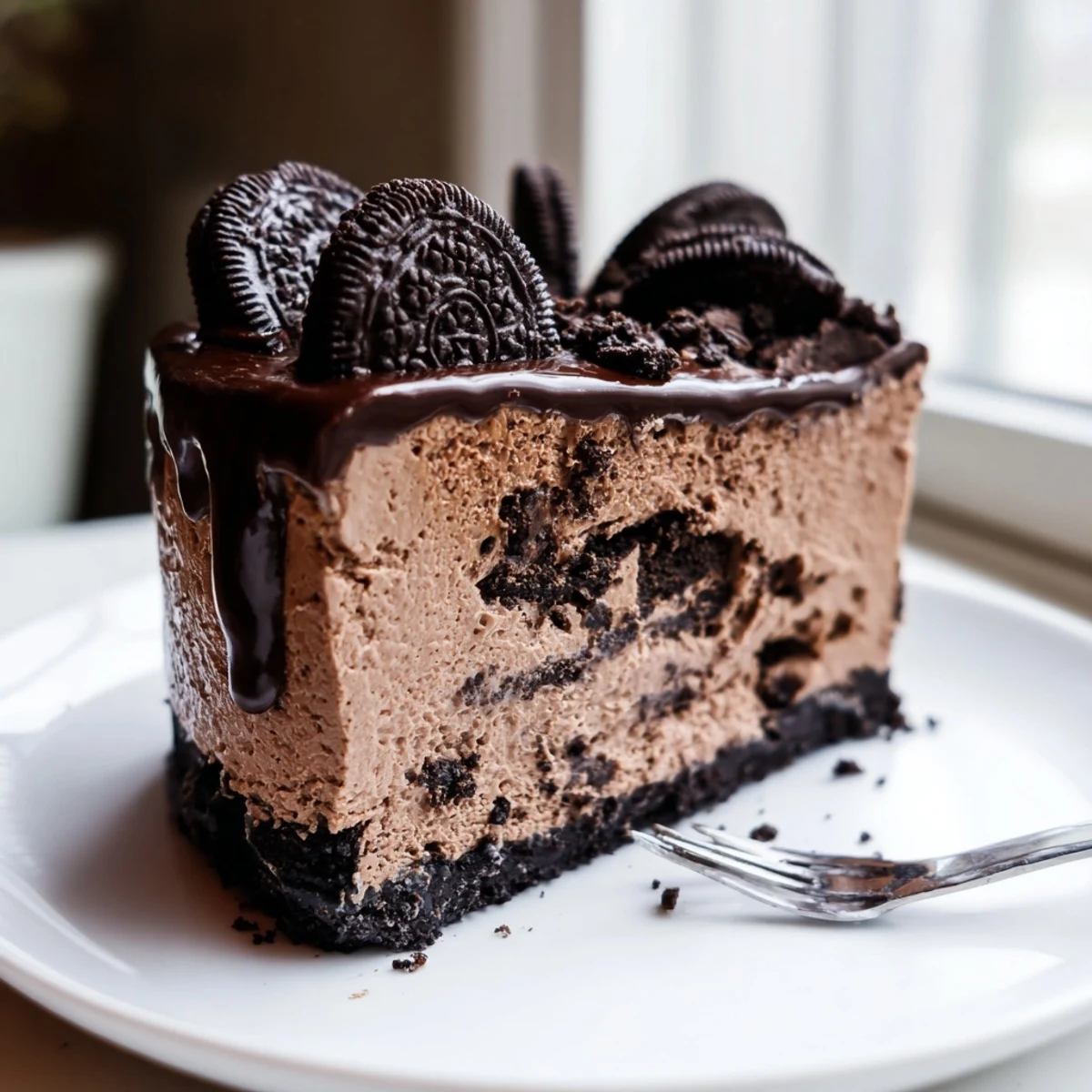 Creamy Oreo chocolate cheesecake slice topped with glossy ganache and crushed cookies