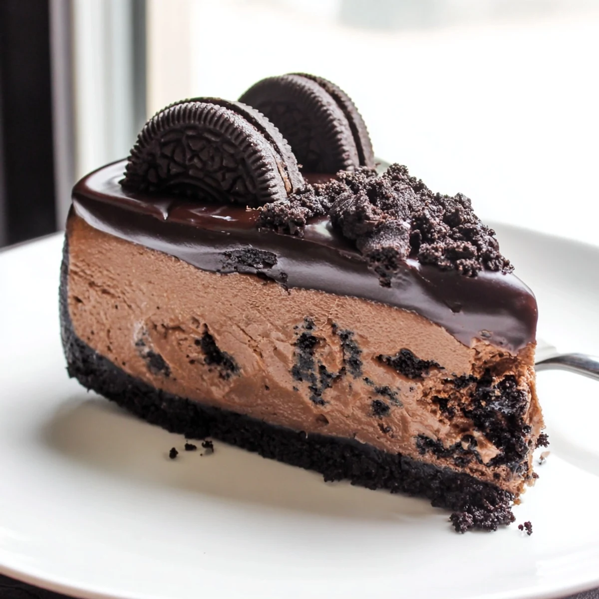 Rich chocolate Oreo cheesecake with a dark cookie crust on a dessert plate