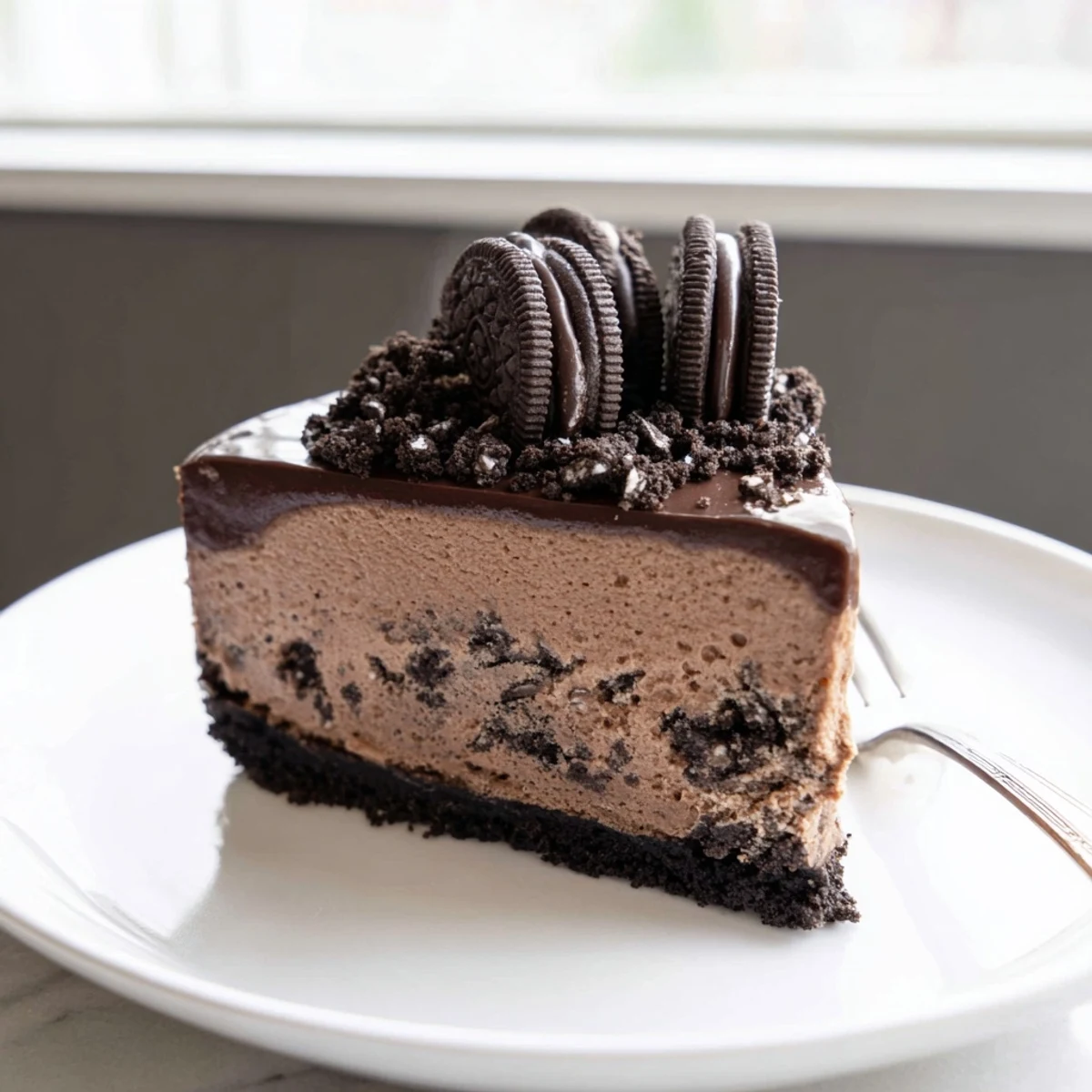 Decadent Oreo chocolate cheesecake drizzled with warm ganache and garnished with Oreo halves