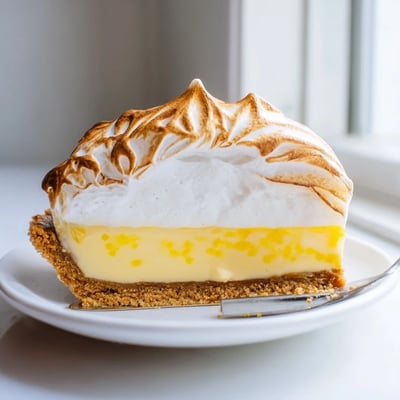Creamy real lemon pie topped with toasted meringue and bright lemon zest curls