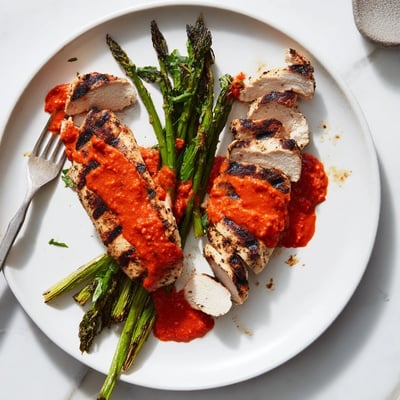 Charred asparagus and golden grilled asparagus chicken glistening with vibrant red Calabrian chili sauce