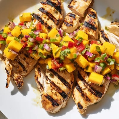 Juicy honey lime chicken topped with vibrant mango salsa and cilantro