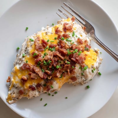 Creamy baked crack chicken smothered in ranch cream cheese sauce with bacon