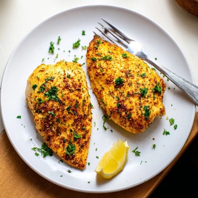 Juicy sliced oven baked chicken breasts garnished with parsley and lemon wedges