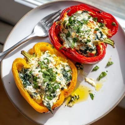 Creamy herb-filled ricotta stuffed peppers roasted until tender and golden brown
