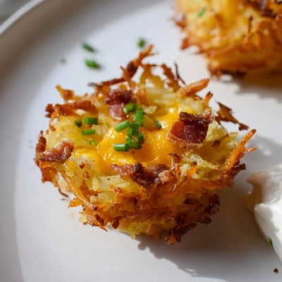 Crispy cheesy loaded hashbrown bites topped with green onions and a sour cream dollop