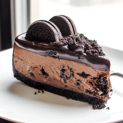 Rich chocolate Oreo cheesecake with a dark cookie crust on a dessert plate